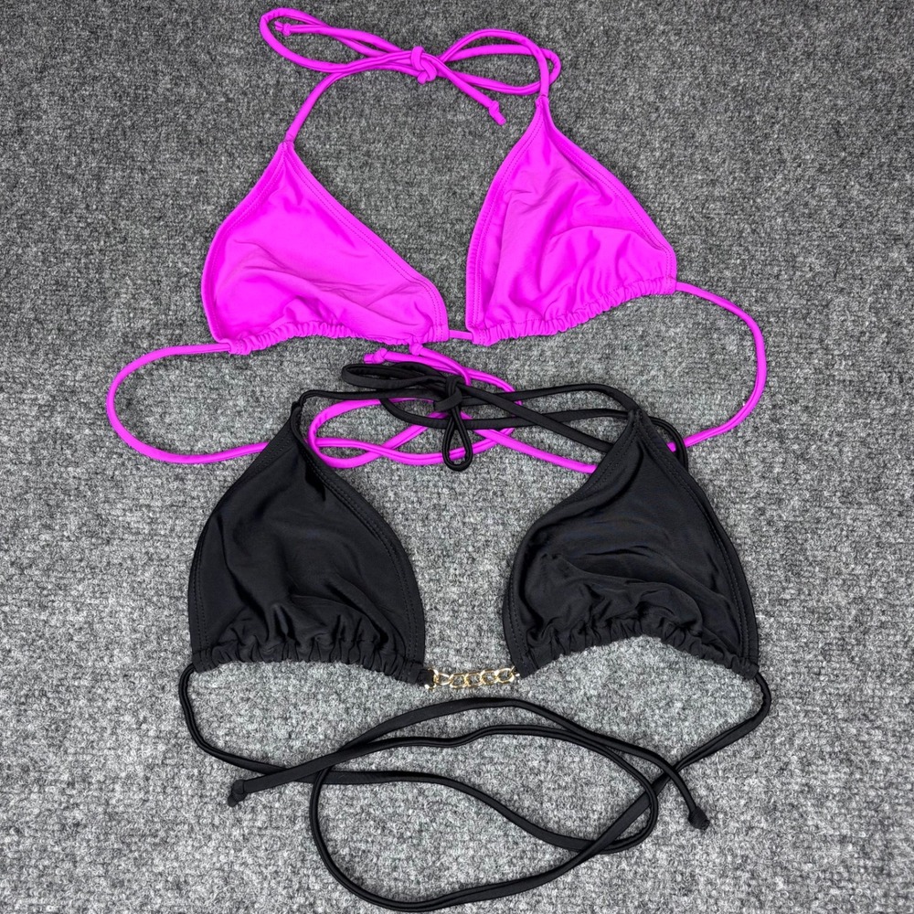 Betty Jade Swimsuit Bikini Top Purple Black String‎ Tie Halter Medium NWT